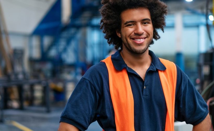 Young male worker standing and smiling in a warehouse